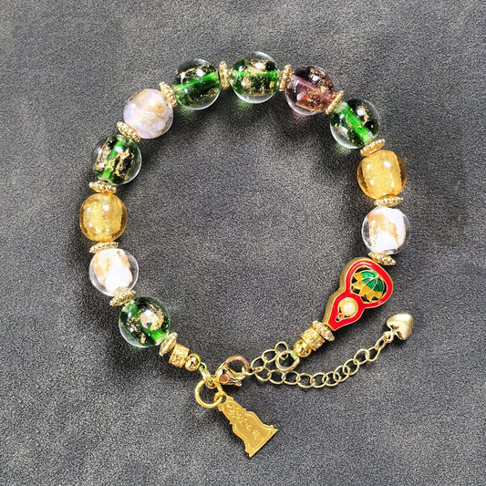 May blessings and wisdom endure forever (Gold foil glass gourd bracelet)